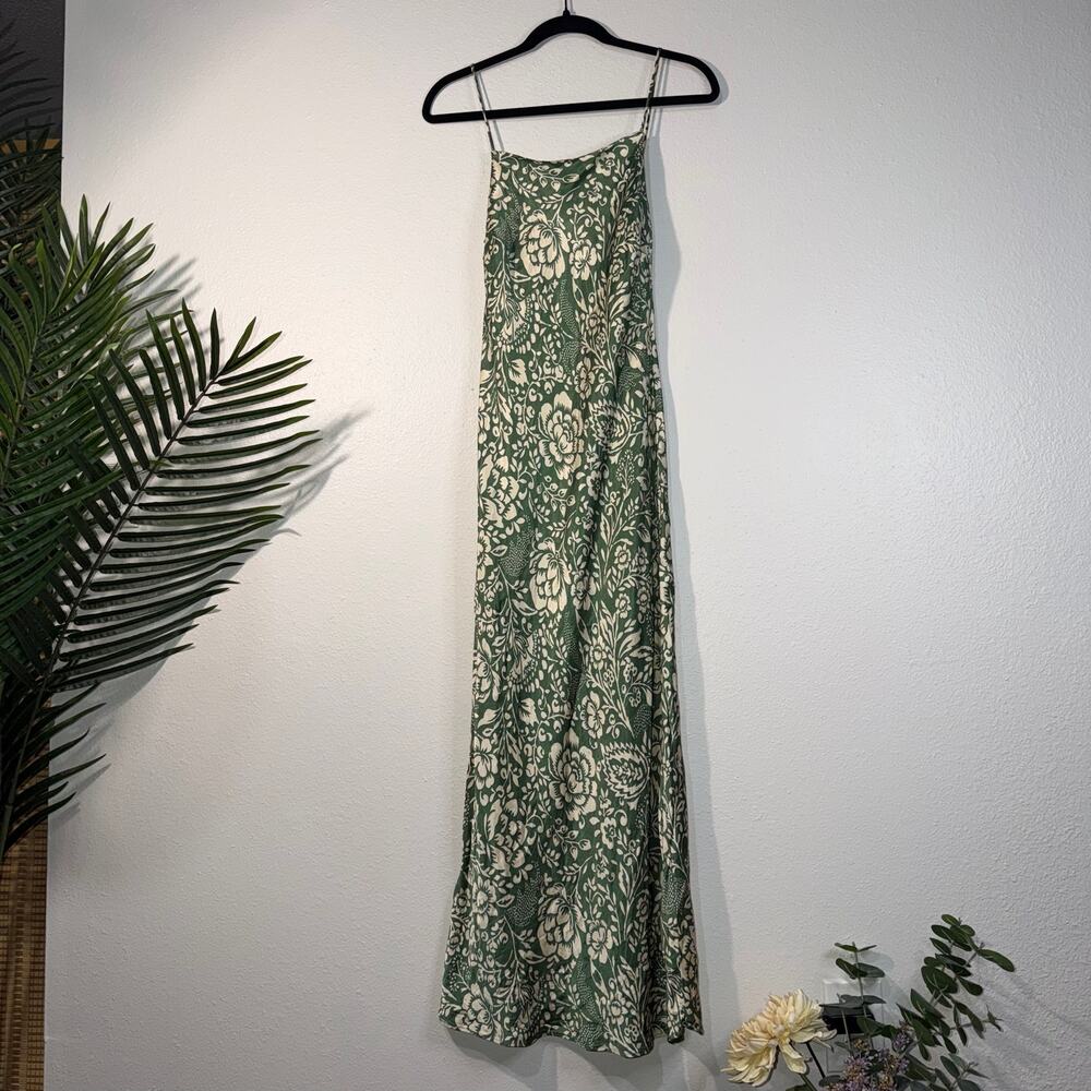 Zara Green Floral Print Satin Effect Maxi Slip Dress Size Small Boho